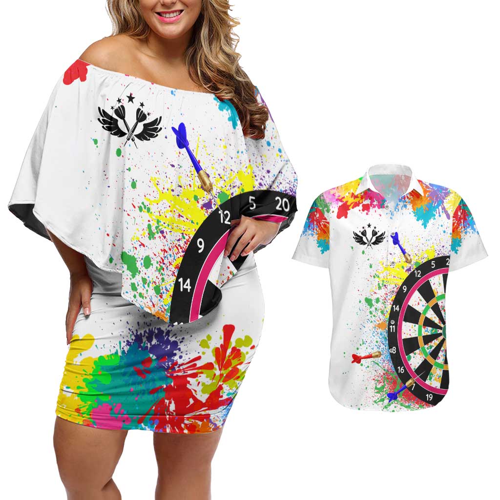 Colorful Dartboard and Splatter Paint Darts Couples Matching Off Shoulder Short Dress and Hawaiian Shirt Personalized Motivational Quote - Wonder Print Shop