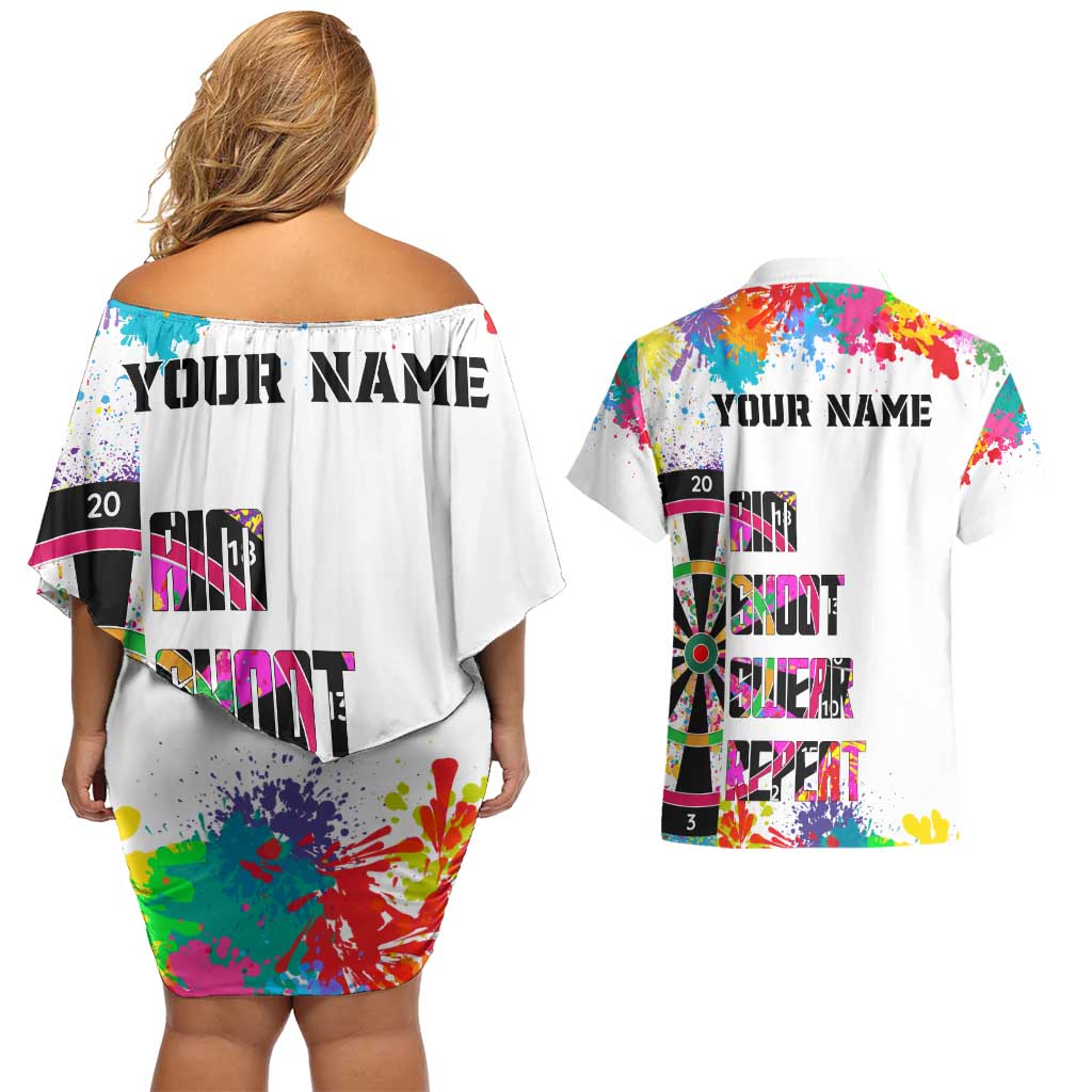 Colorful Dartboard and Splatter Paint Darts Couples Matching Off Shoulder Short Dress and Hawaiian Shirt Personalized Motivational Quote - Wonder Print Shop