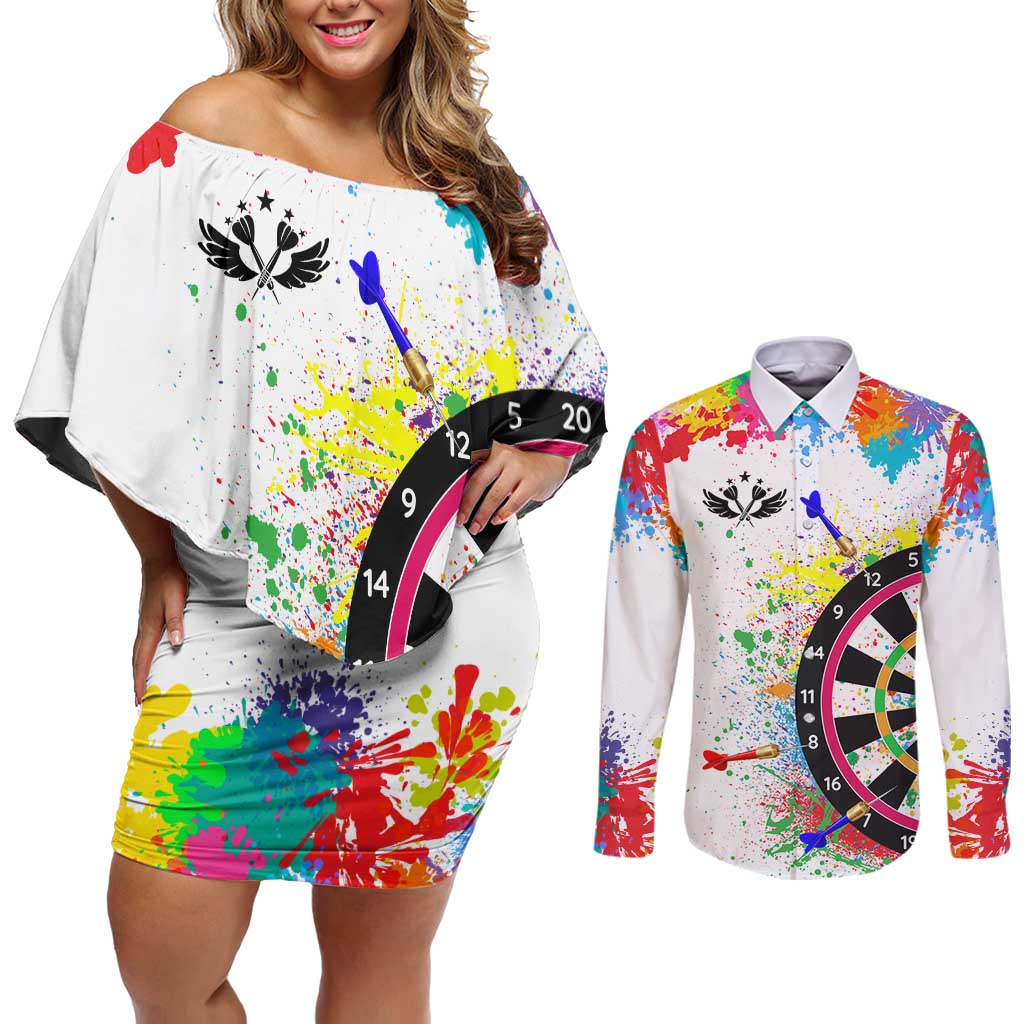 Colorful Dartboard and Splatter Paint Darts Couples Matching Off Shoulder Short Dress and Long Sleeve Button Shirt Personalized Motivational Quote - Wonder Print Shop