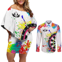 Colorful Dartboard and Splatter Paint Darts Couples Matching Off Shoulder Short Dress and Long Sleeve Button Shirt Personalized Motivational Quote - Wonder Print Shop