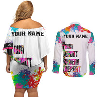 Colorful Dartboard and Splatter Paint Darts Couples Matching Off Shoulder Short Dress and Long Sleeve Button Shirt Personalized Motivational Quote - Wonder Print Shop