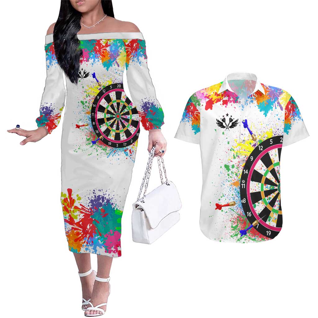 Colorful Dartboard and Splatter Paint Darts Couples Matching Off The Shoulder Long Sleeve Dress and Hawaiian Shirt Personalized Motivational Quote - Wonder Print Shop