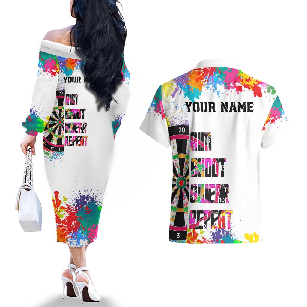 Colorful Dartboard and Splatter Paint Darts Couples Matching Off The Shoulder Long Sleeve Dress and Hawaiian Shirt Personalized Motivational Quote - Wonder Print Shop
