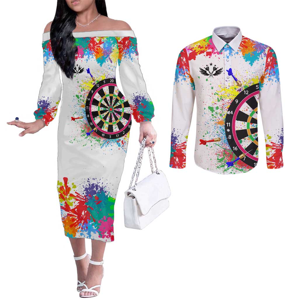 Colorful Dartboard and Splatter Paint Darts Couples Matching Off The Shoulder Long Sleeve Dress and Long Sleeve Button Shirt Personalized Motivational Quote - Wonder Print Shop