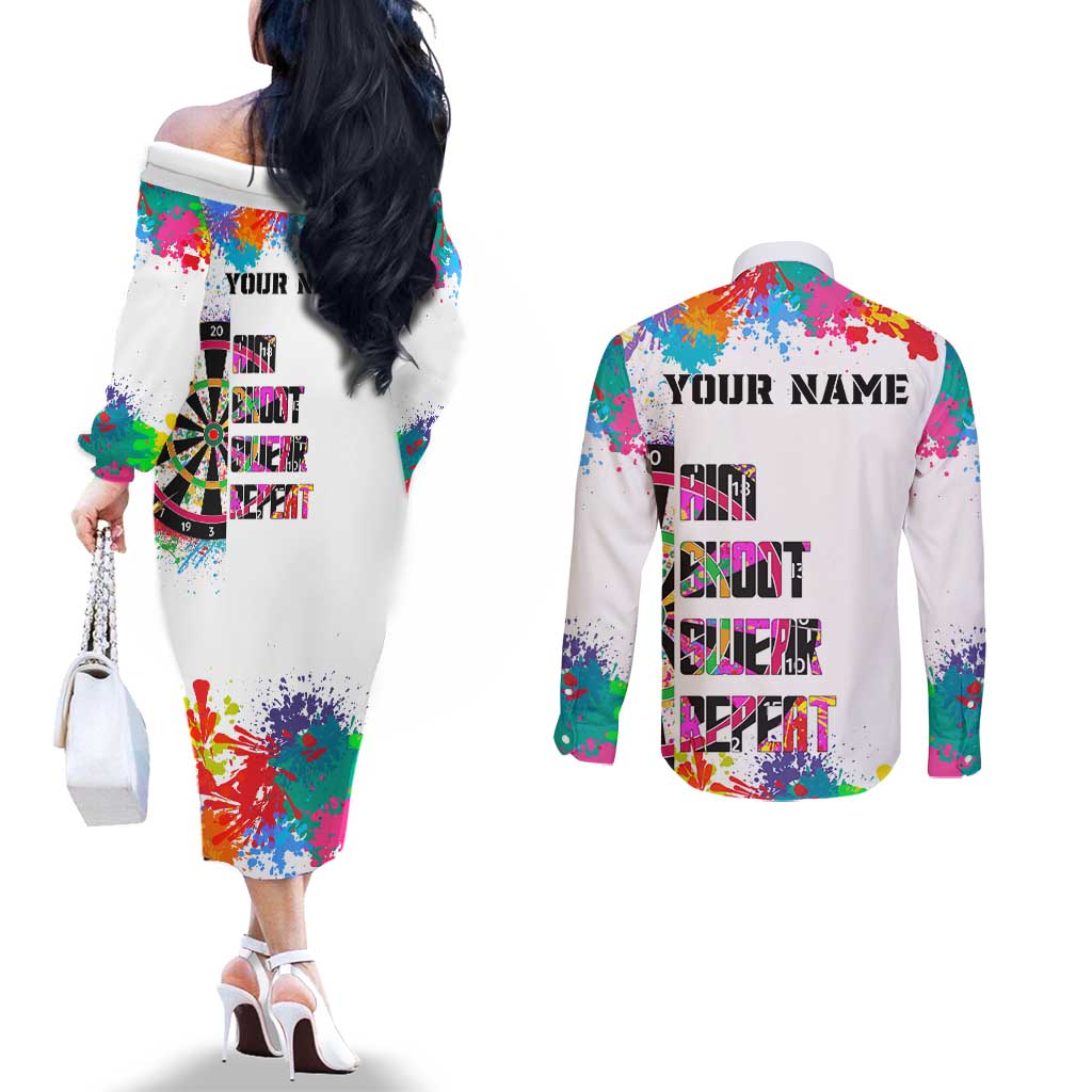 Colorful Dartboard and Splatter Paint Darts Couples Matching Off The Shoulder Long Sleeve Dress and Long Sleeve Button Shirt Personalized Motivational Quote - Wonder Print Shop