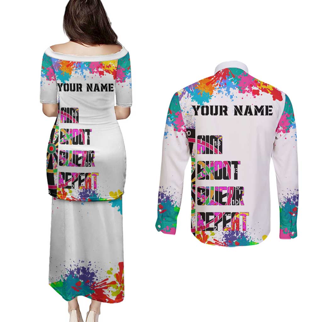 Colorful Dartboard and Splatter Paint Darts Couples Matching Puletasi and Long Sleeve Button Shirt Personalized Motivational Quote - Wonder Print Shop