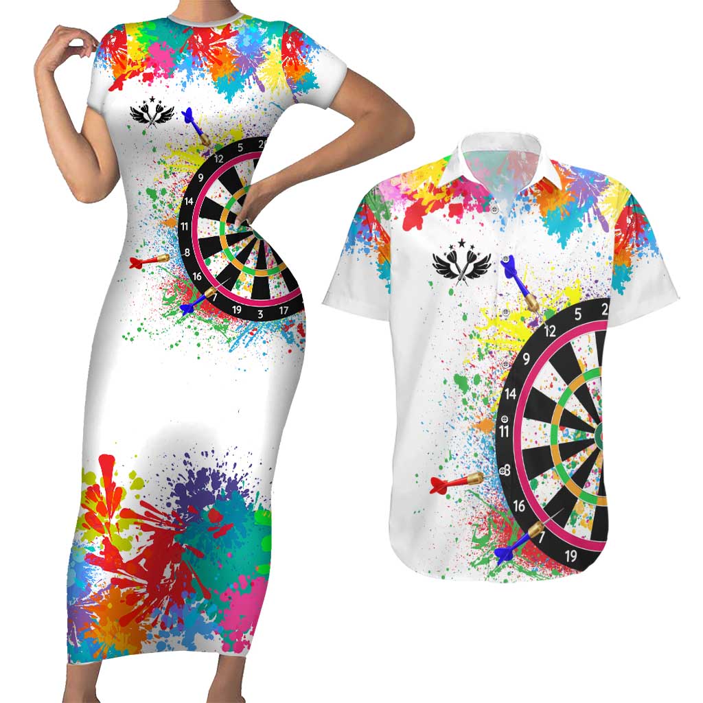 Colorful Dartboard and Splatter Paint Darts Couples Matching Short Sleeve Bodycon Dress and Hawaiian Shirt Personalized Motivational Quote - Wonder Print Shop
