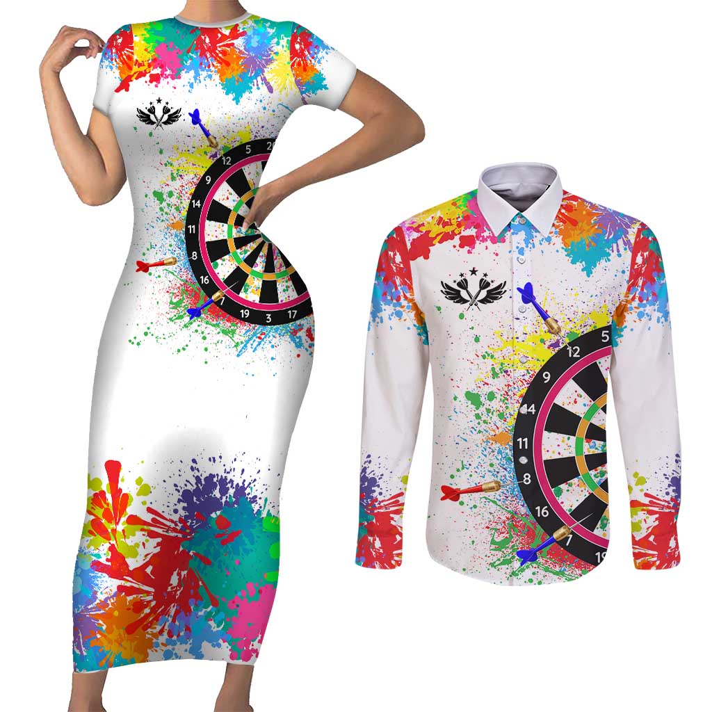 Colorful Dartboard and Splatter Paint Darts Couples Matching Short Sleeve Bodycon Dress and Long Sleeve Button Shirt Personalized Motivational Quote - Wonder Print Shop