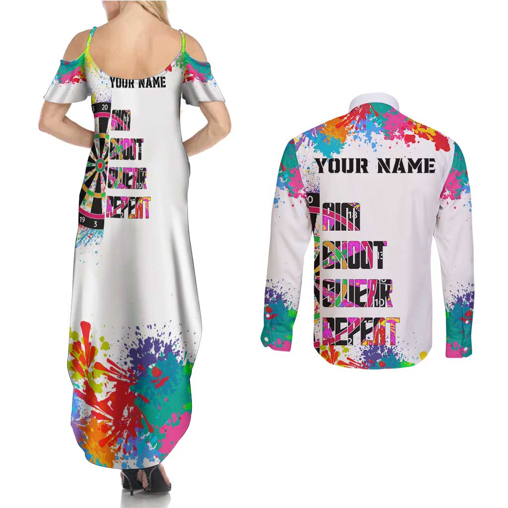 Colorful Dartboard and Splatter Paint Darts Couples Matching Summer Maxi Dress and Long Sleeve Button Shirt Personalized Motivational Quote - Wonder Print Shop