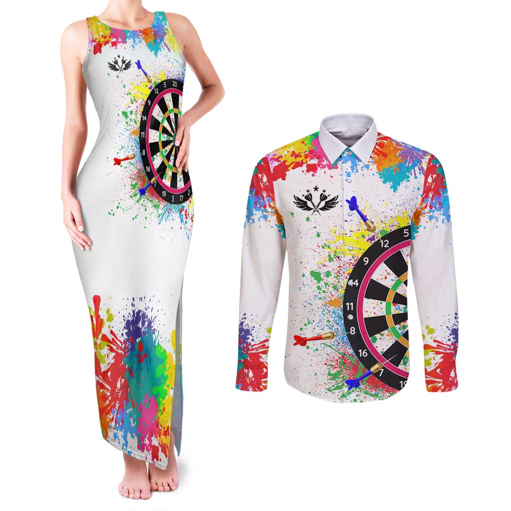 Colorful Dartboard and Splatter Paint Darts Couples Matching Tank Maxi Dress and Long Sleeve Button Shirt Personalized Motivational Quote - Wonder Print Shop