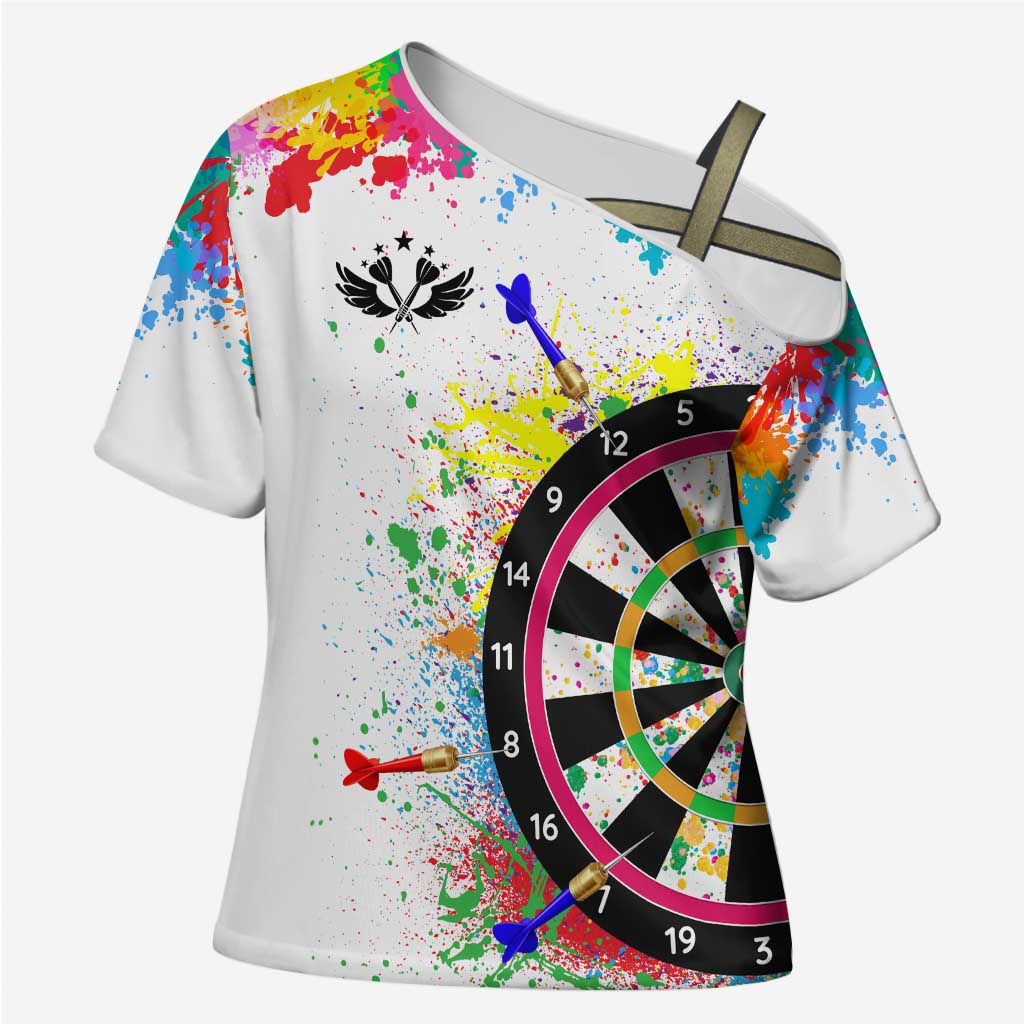 Colorful Dartboard and Splatter Paint Darts Cross Shoulder Shirt Personalized Motivational Quote - Wonder Print Shop