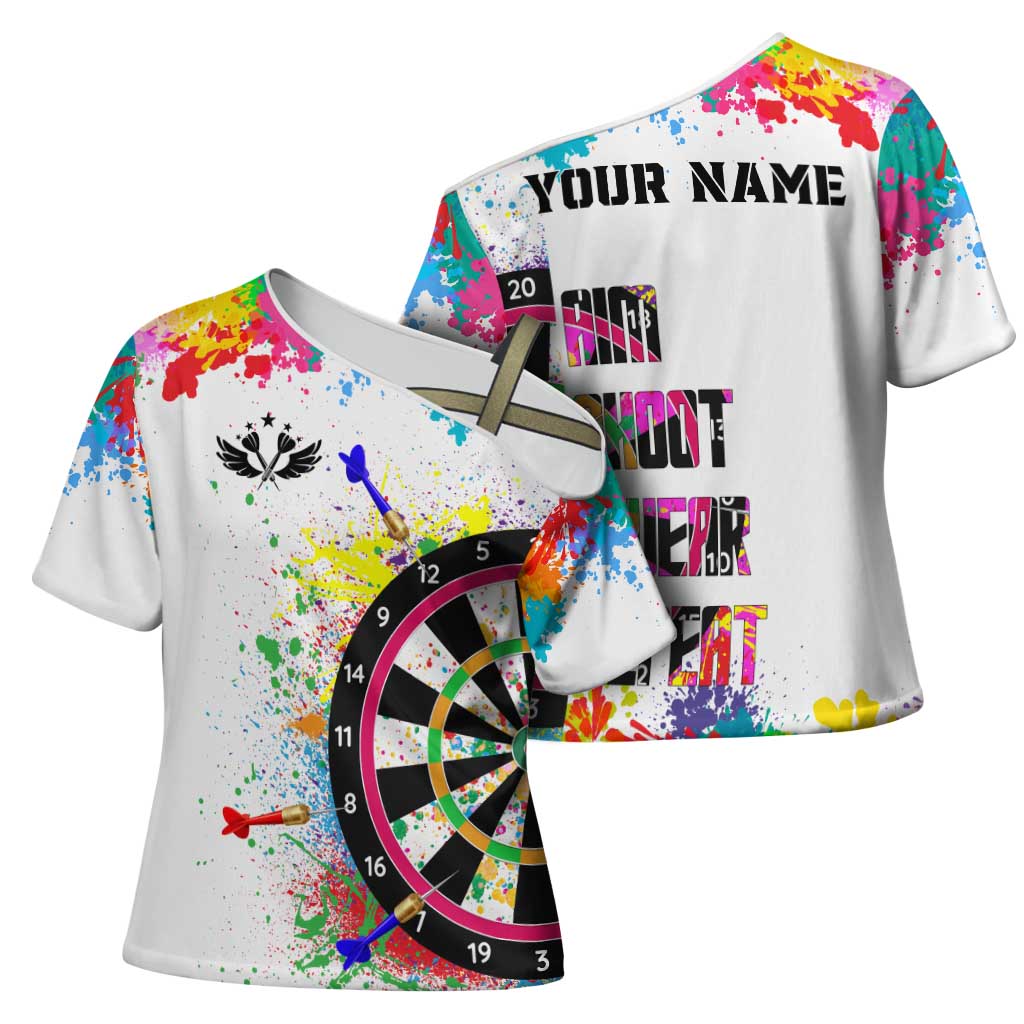 Colorful Dartboard and Splatter Paint Darts Cross Shoulder Shirt Personalized Motivational Quote - Wonder Print Shop