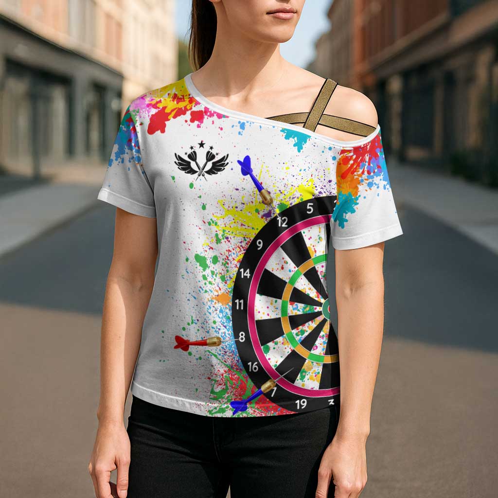 Colorful Dartboard and Splatter Paint Darts Cross Shoulder Shirt Personalized Motivational Quote - Wonder Print Shop