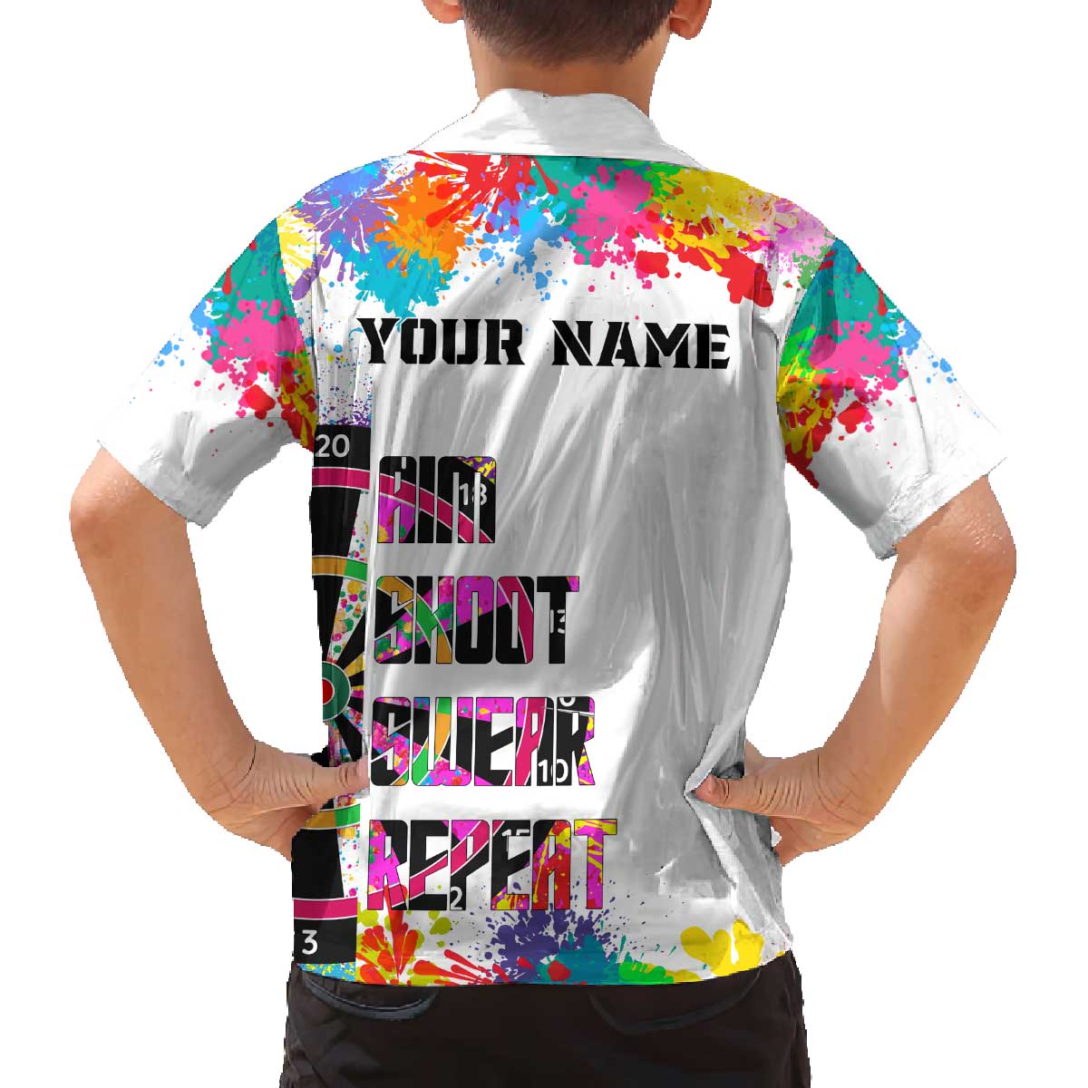 Colorful Dartboard and Splatter Paint Darts Family Matching Off The Shoulder Long Sleeve Dress and Hawaiian Shirt Personalized Motivational Quote - Wonder Print Shop