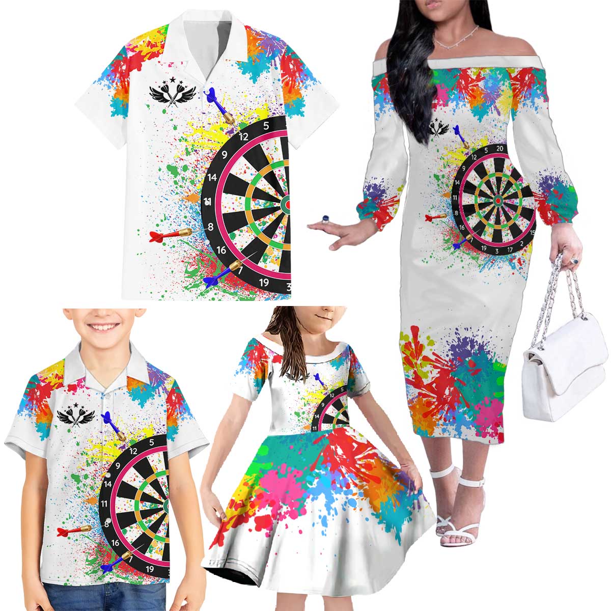 Colorful Dartboard and Splatter Paint Darts Family Matching Off The Shoulder Long Sleeve Dress and Hawaiian Shirt Personalized Motivational Quote - Wonder Print Shop