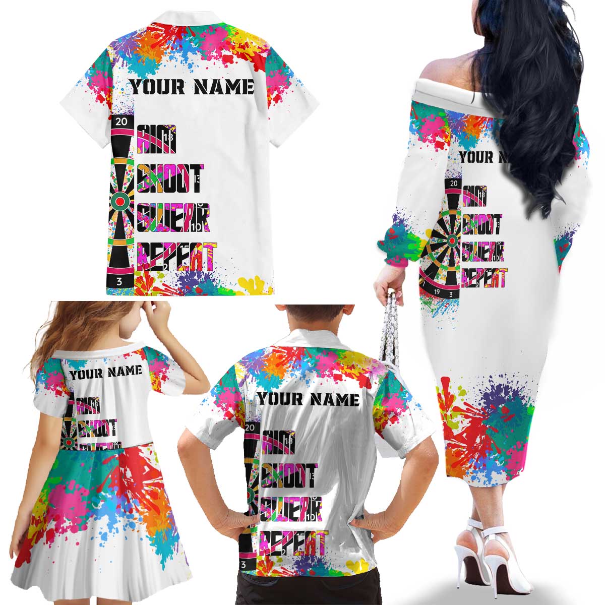 Colorful Dartboard and Splatter Paint Darts Family Matching Off The Shoulder Long Sleeve Dress and Hawaiian Shirt Personalized Motivational Quote - Wonder Print Shop