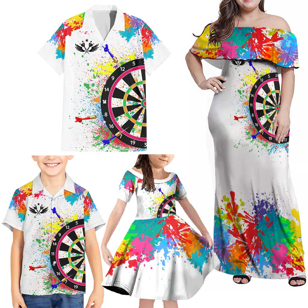 Colorful Dartboard and Splatter Paint Darts Family Matching Off Shoulder Maxi Dress and Hawaiian Shirt Personalized Motivational Quote - Wonder Print Shop