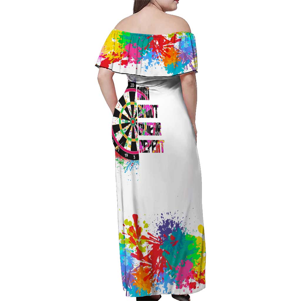 Colorful Dartboard and Splatter Paint Darts Family Matching Off Shoulder Maxi Dress and Hawaiian Shirt Personalized Motivational Quote - Wonder Print Shop