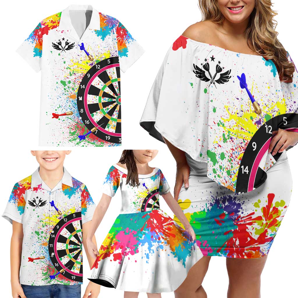 Colorful Dartboard and Splatter Paint Darts Family Matching Off Shoulder Short Dress and Hawaiian Shirt Personalized Motivational Quote - Wonder Print Shop