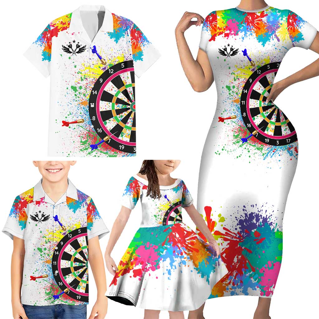 Colorful Dartboard and Splatter Paint Darts Family Matching Short Sleeve Bodycon Dress and Hawaiian Shirt Personalized Motivational Quote - Wonder Print Shop