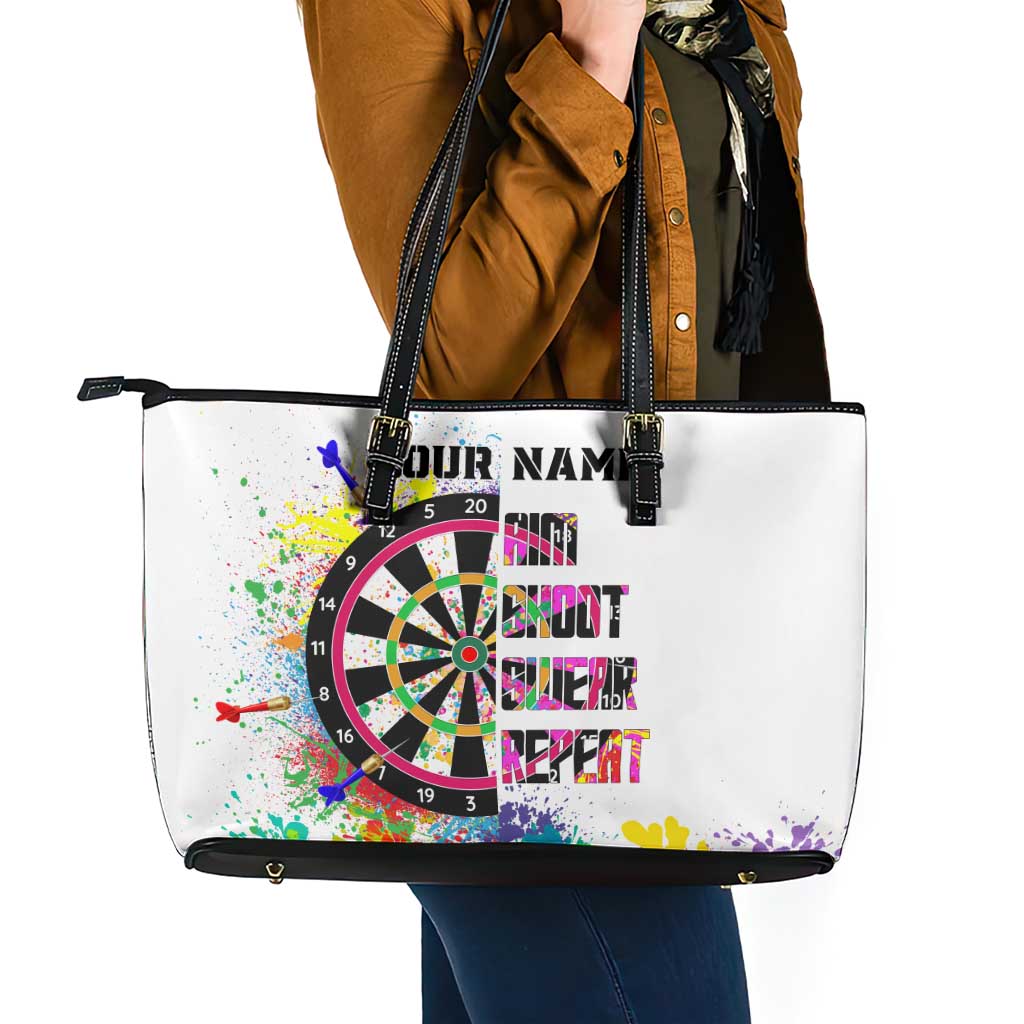 Colorful Dartboard and Splatter Paint Darts Leather Tote Bag Personalized Motivational Quote - Wonder Print Shop