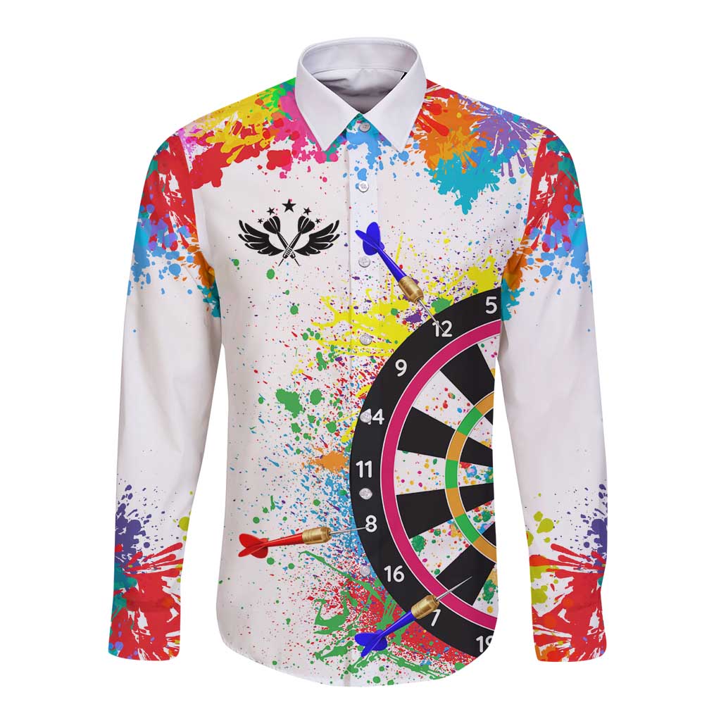 Colorful Dartboard and Splatter Paint Darts Long Sleeve Button Shirt Personalized Motivational Quote - Wonder Print Shop