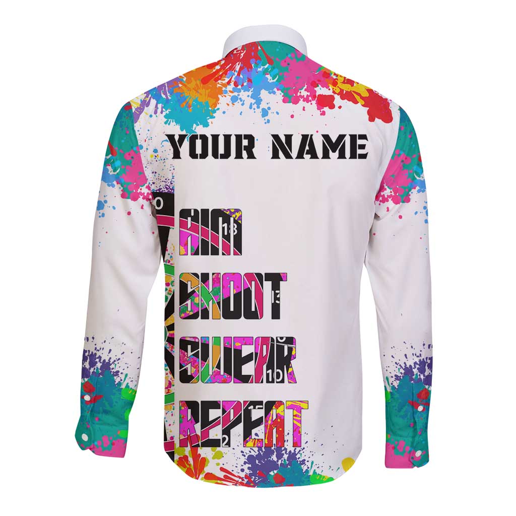 Colorful Dartboard and Splatter Paint Darts Long Sleeve Button Shirt Personalized Motivational Quote - Wonder Print Shop