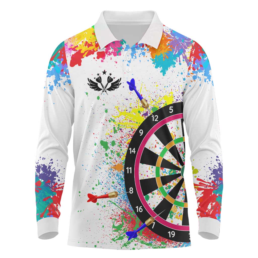 Colorful Dartboard and Splatter Paint Darts Long Sleeve Polo Shirt Personalized Motivational Quote - Wonder Print Shop
