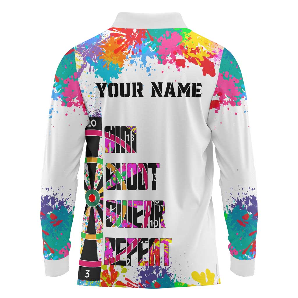 Colorful Dartboard and Splatter Paint Darts Long Sleeve Polo Shirt Personalized Motivational Quote - Wonder Print Shop