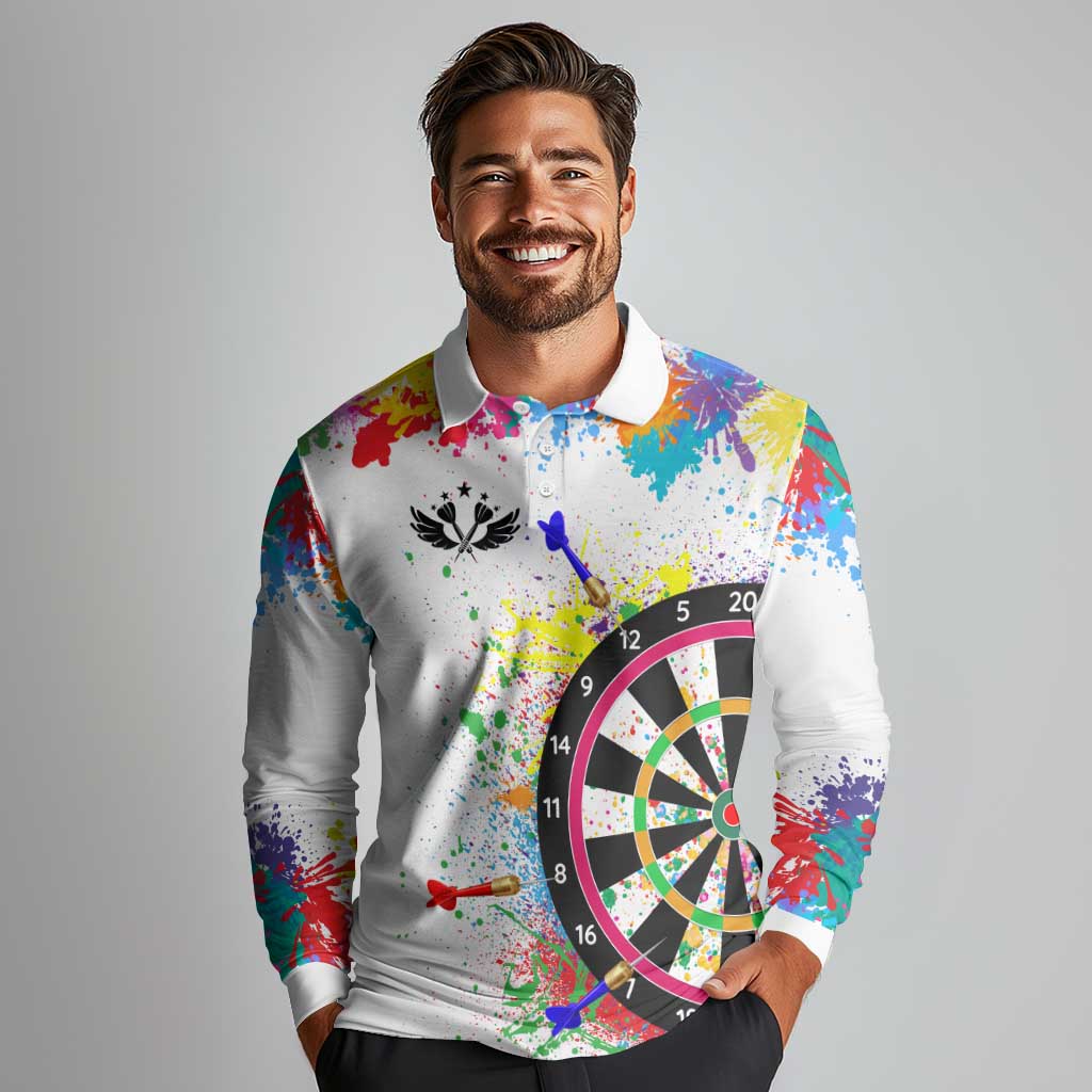 Colorful Dartboard and Splatter Paint Darts Long Sleeve Polo Shirt Personalized Motivational Quote - Wonder Print Shop