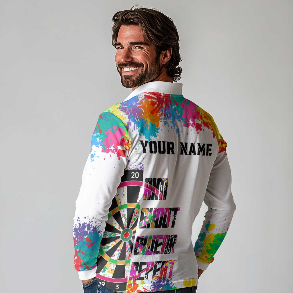 Colorful Dartboard and Splatter Paint Darts Long Sleeve Polo Shirt Personalized Motivational Quote - Wonder Print Shop