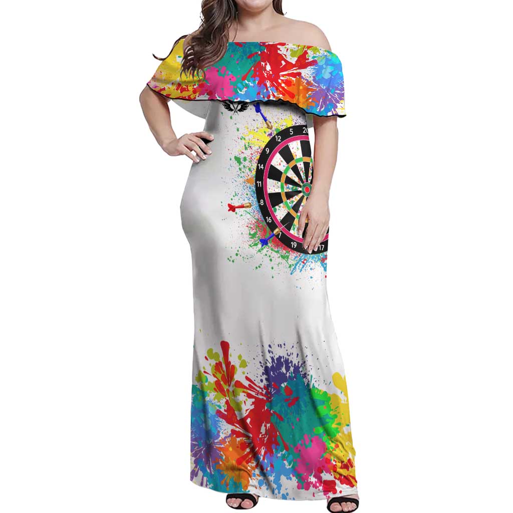 Colorful Dartboard and Splatter Paint Darts Off Shoulder Maxi Dress Personalized Motivational Quote - Wonder Print Shop