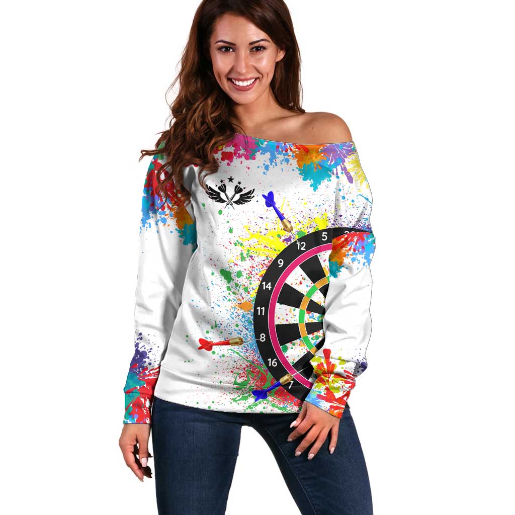 Colorful Dartboard and Splatter Paint Darts Off Shoulder Sweater Personalized Motivational Quote - Wonder Print Shop