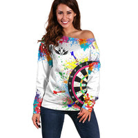 Colorful Dartboard and Splatter Paint Darts Off Shoulder Sweater Personalized Motivational Quote - Wonder Print Shop