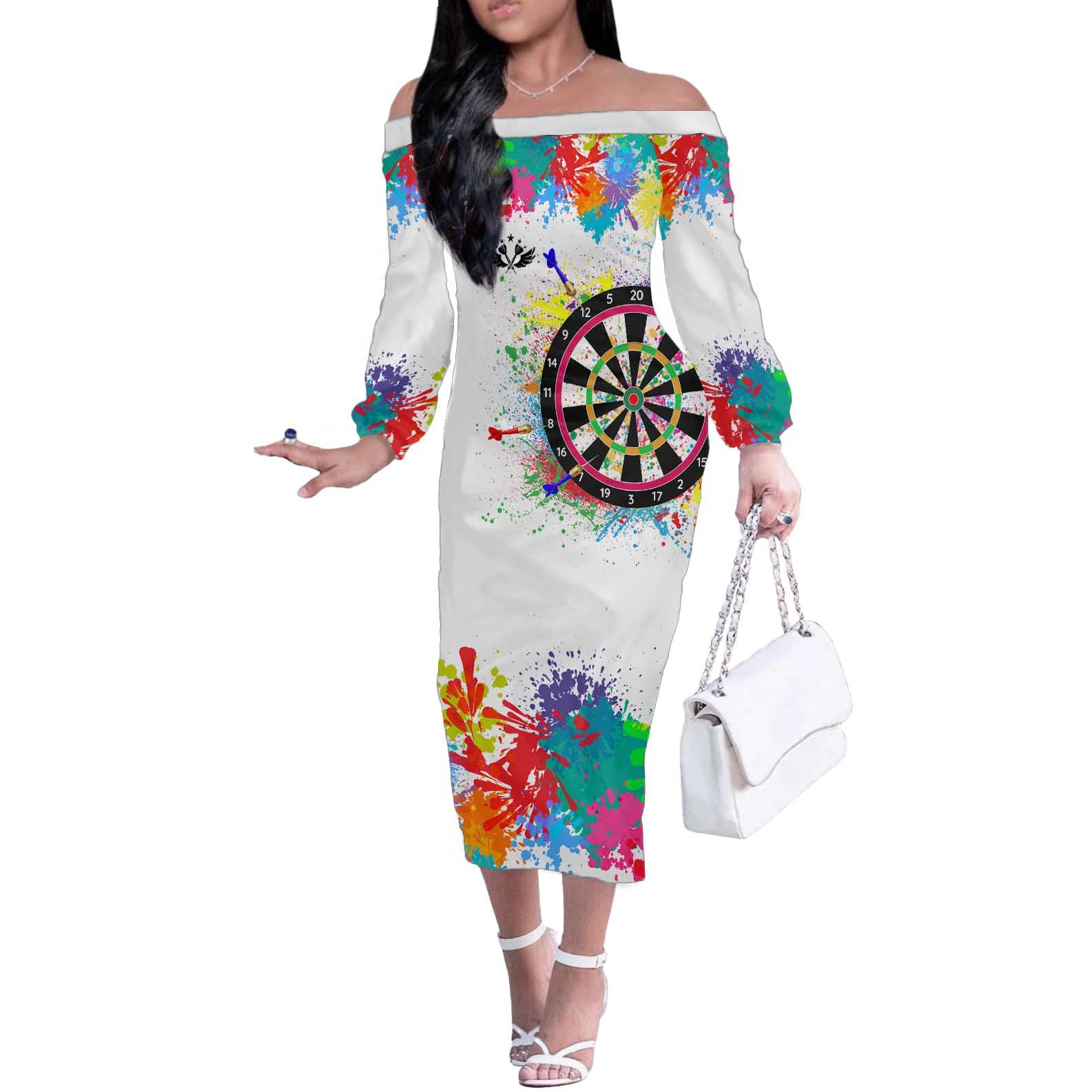 Colorful Dartboard and Splatter Paint Darts Off The Shoulder Long Sleeve Dress Personalized Motivational Quote - Wonder Print Shop