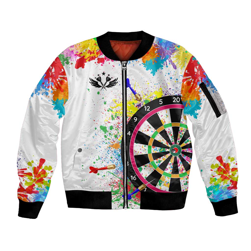 Colorful Dartboard and Splatter Paint Darts Sleeve Zip Bomber Jacket Personalized Motivational Quote - Wonder Print Shop