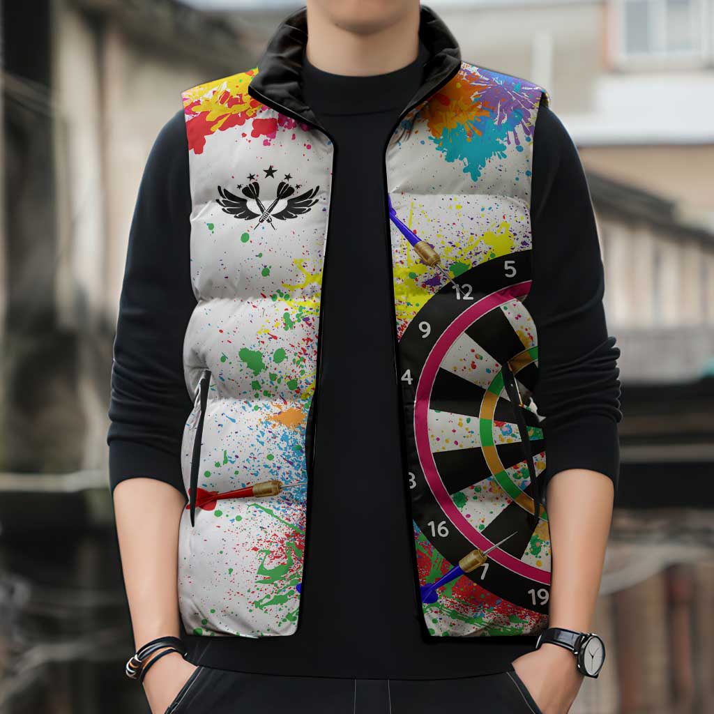 Colorful Dartboard and Splatter Paint Darts Sleeveless Puffer Jacket Personalized Motivational Quote - Wonder Print Shop