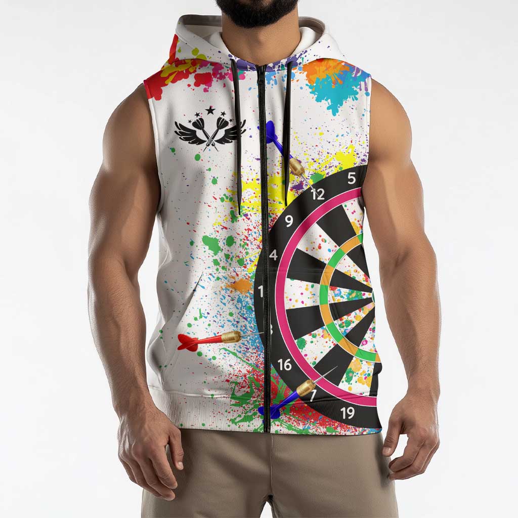 Colorful Dartboard and Splatter Paint Darts Sleeveless Zip Hoodie Personalized Motivational Quote - Wonder Print Shop