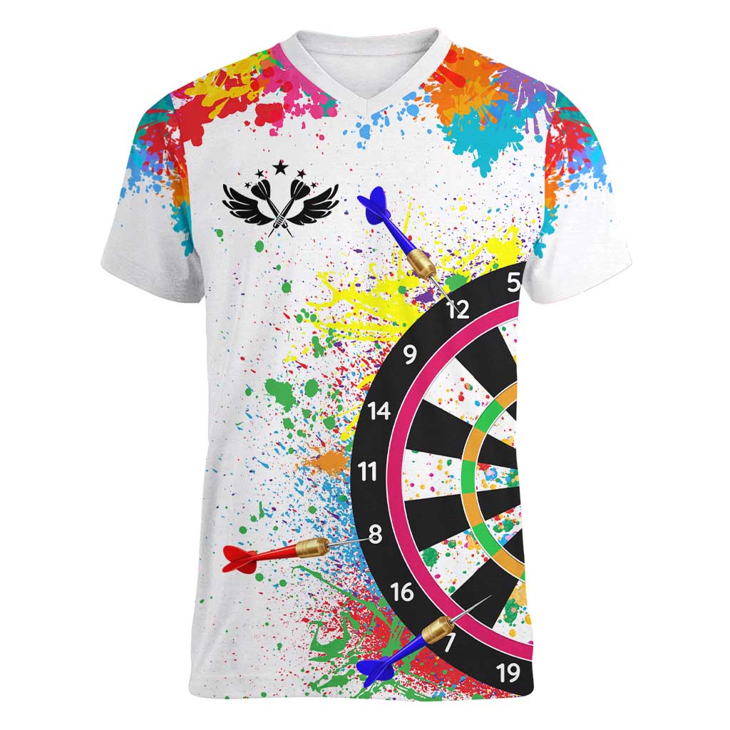 Colorful Dartboard and Splatter Paint Darts Women V-Neck T-Shirt Personalized Motivational Quote - Wonder Print Shop