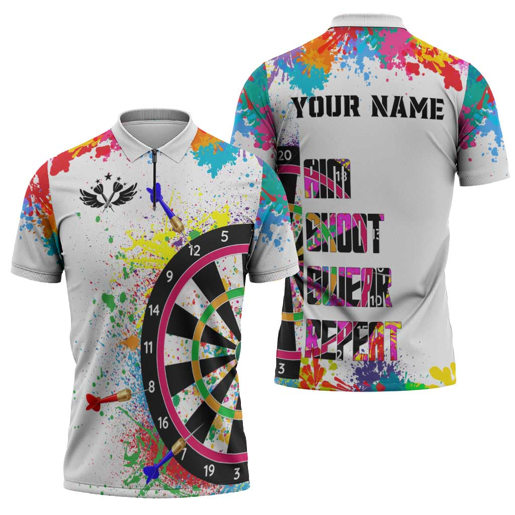 Colorful Dartboard and Splatter Paint Darts Zipper Polo Shirt Personalized Motivational Quote - Wonder Print Shop