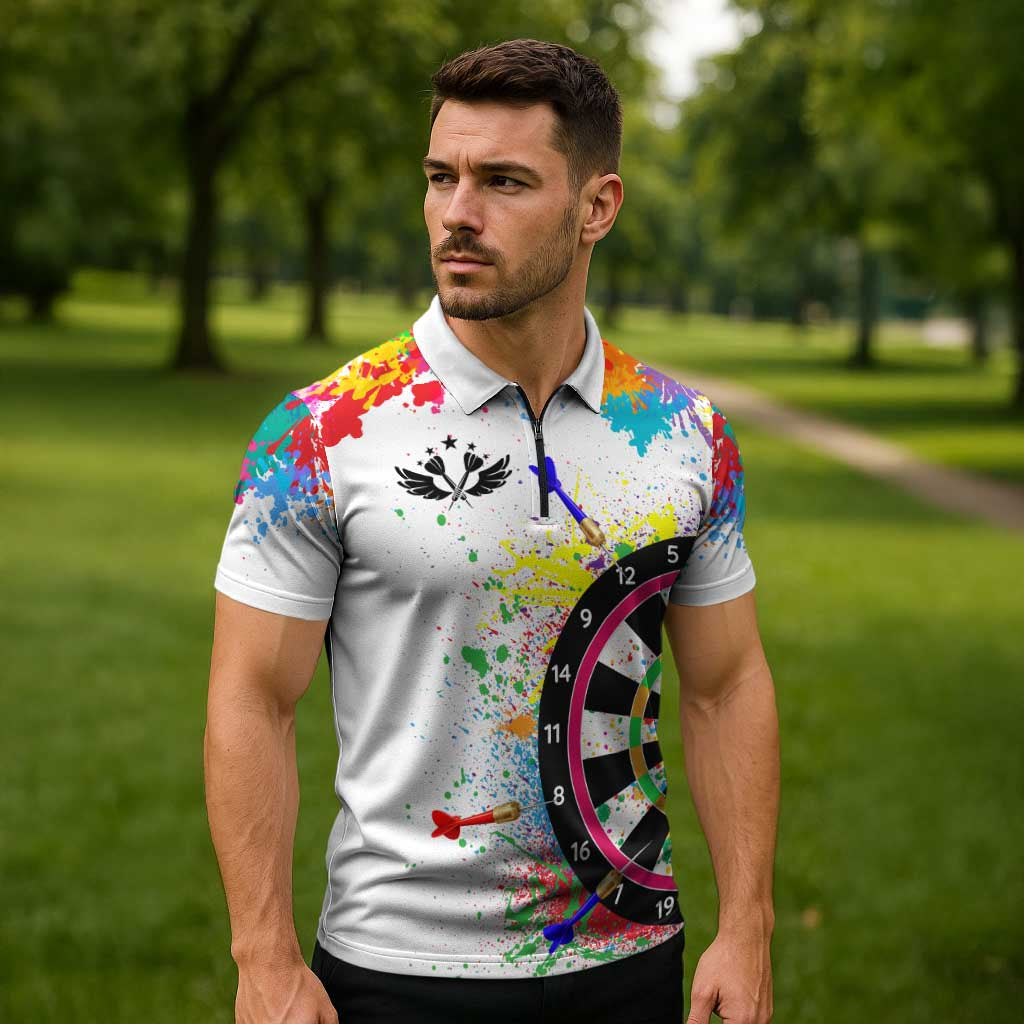 Colorful Dartboard and Splatter Paint Darts Zipper Polo Shirt Personalized Motivational Quote - Wonder Print Shop