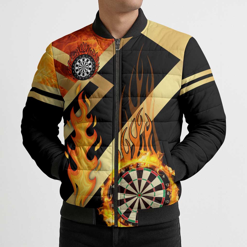 Flaming Dartboard Darts Bomber Puffer Jacket Personalized Bold Geometric Patterns - Wonder Print Shop