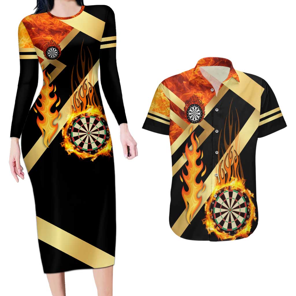 Flaming Dartboard Darts Couples Matching Long Sleeve Bodycon Dress and Hawaiian Shirt Personalized Bold Geometric Patterns - Wonder Print Shop