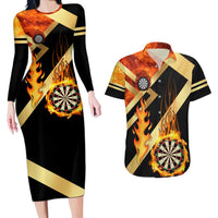 Flaming Dartboard Darts Couples Matching Long Sleeve Bodycon Dress and Hawaiian Shirt Personalized Bold Geometric Patterns - Wonder Print Shop