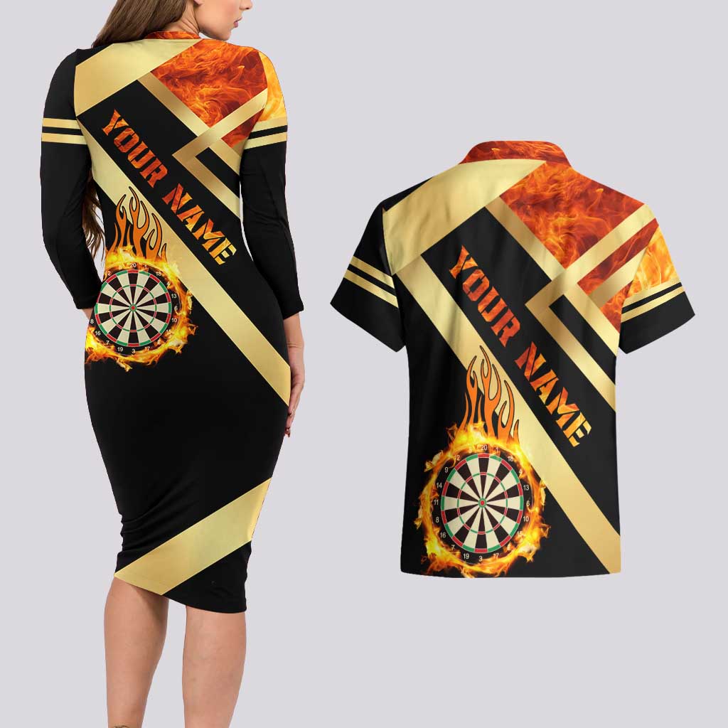 Flaming Dartboard Darts Couples Matching Long Sleeve Bodycon Dress and Hawaiian Shirt Personalized Bold Geometric Patterns - Wonder Print Shop
