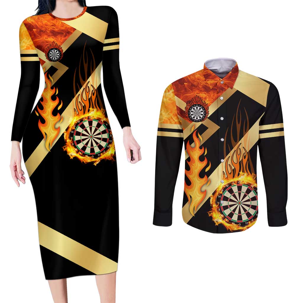 Flaming Dartboard Darts Couples Matching Long Sleeve Bodycon Dress and Long Sleeve Button Shirt Personalized Bold Geometric Patterns - Wonder Print Shop