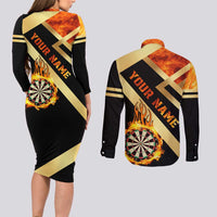 Flaming Dartboard Darts Couples Matching Long Sleeve Bodycon Dress and Long Sleeve Button Shirt Personalized Bold Geometric Patterns - Wonder Print Shop