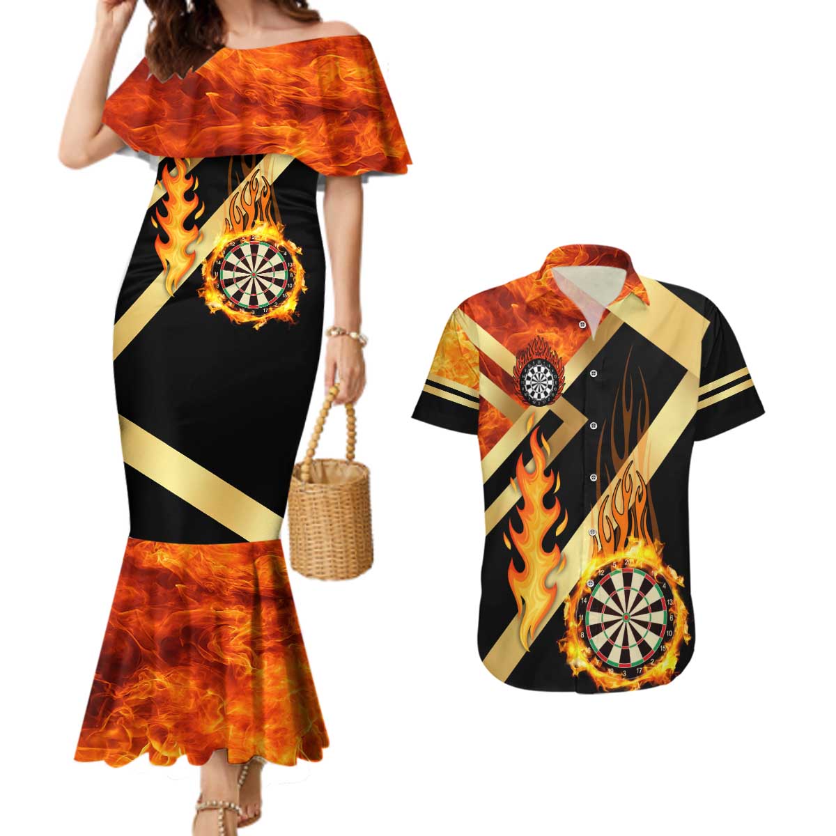 Flaming Dartboard Darts Couples Matching Mermaid Dress and Hawaiian Shirt Personalized Bold Geometric Patterns - Wonder Print Shop