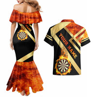 Flaming Dartboard Darts Couples Matching Mermaid Dress and Hawaiian Shirt Personalized Bold Geometric Patterns - Wonder Print Shop