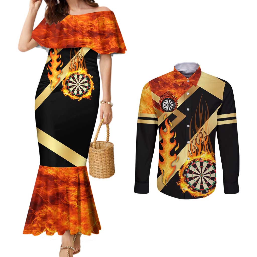 Flaming Dartboard Darts Couples Matching Mermaid Dress and Long Sleeve Button Shirt Personalized Bold Geometric Patterns - Wonder Print Shop